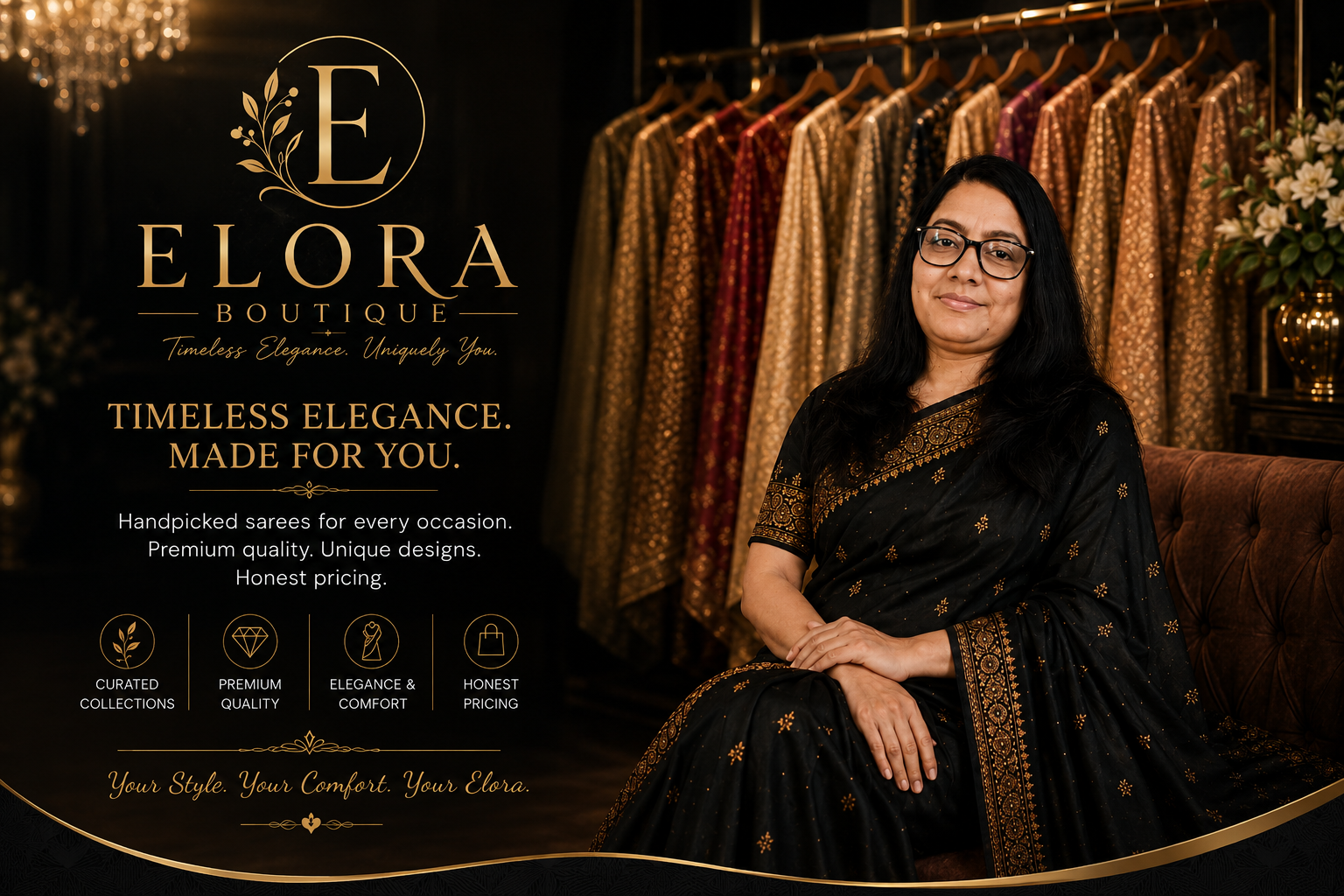 Elora Boutique cover — Timeless elegance made for you, featuring luxurious handpicked sarees